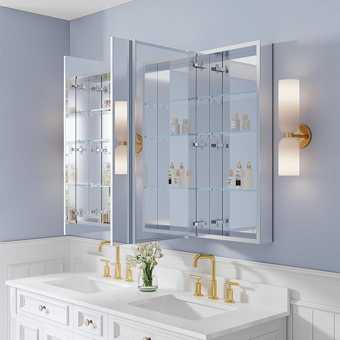 WELLFOR 52" x 36" Bathroom Medicine Cabinet with Mirror, Anodized Chrome Aluminum Frame, Surface Mount or Recessed Medicine Cabinet with Mirror, Bathroom Mirror with Storage, Three Doors