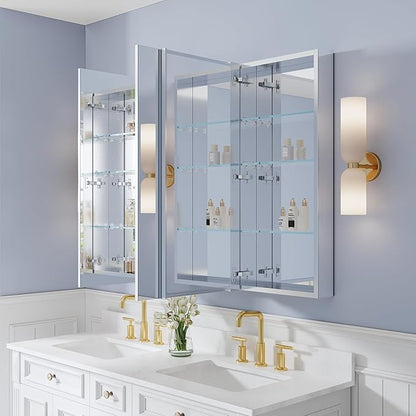 WELLFOR 52" x 36" Bathroom Medicine Cabinet with Mirror, Anodized Chrome Aluminum Frame, Surface Mount or Recessed Medicine Cabinet with Mirror, Bathroom Mirror with Storage, Three Doors