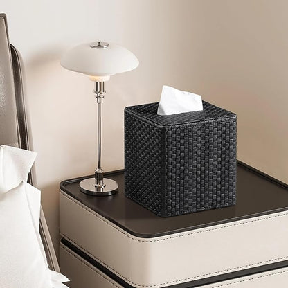 Square Tissue Box Cover, Stylish Leather Tissue Box Holder with Magnetic Bottom, Used As A Decorative Tissue Holder for Living Rooms, Bedrooms, and Desks(Black Woven Pattern)