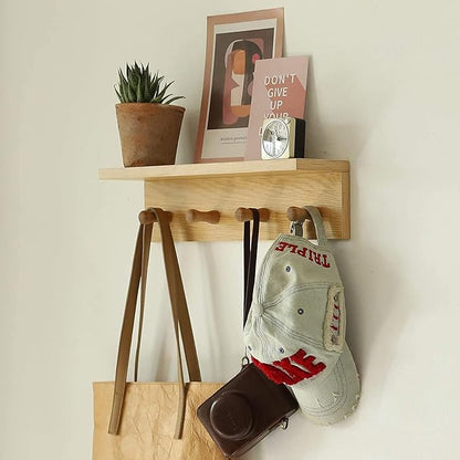 Entrance Coat Rack ，Coat Hooks, Wall-Mounted Wooden Hook Rack, Wall-Mounted Shelves(Oak Color Finish—A-2)