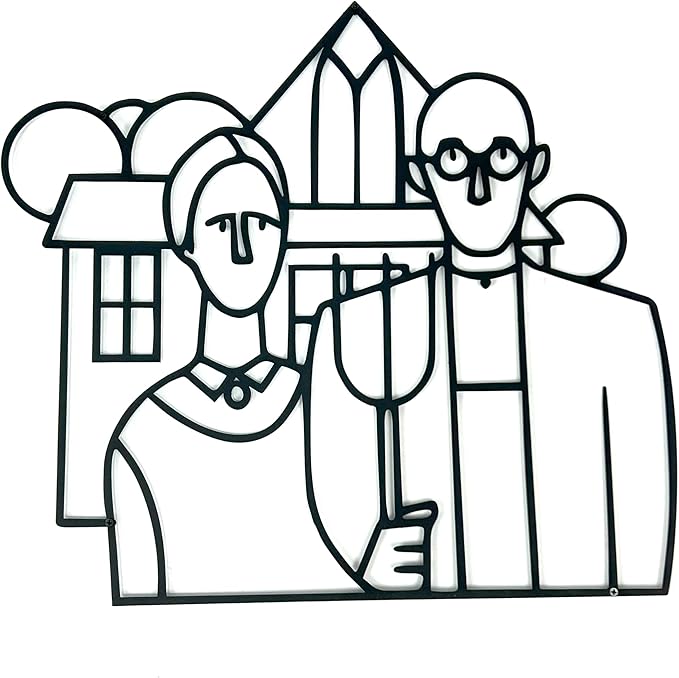 Modern American Gothic Wall Art - Unique Line Art Home Decor for Living Room and Bedroom - Stylish Farmhouse Wall Decor, Artistic Metal Wall Sculpture, Gift for Art Lovers and Homeowners (18 x 17 inches)