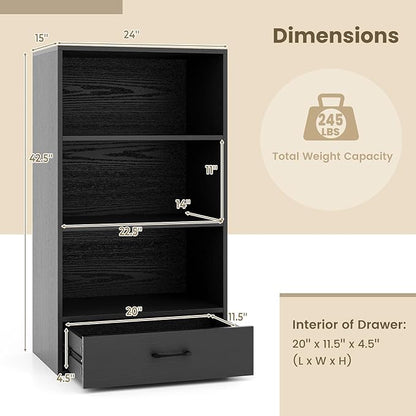 Tangkula 3 Tier Bookcase with Drawer, 42.5”Tall Freestanding Bookshelf with 3 Open Shelves & 1 Drawer, Anti-toppling Devices, Modern Display Storage Organizer for Home Office (Black, 42.5" H)