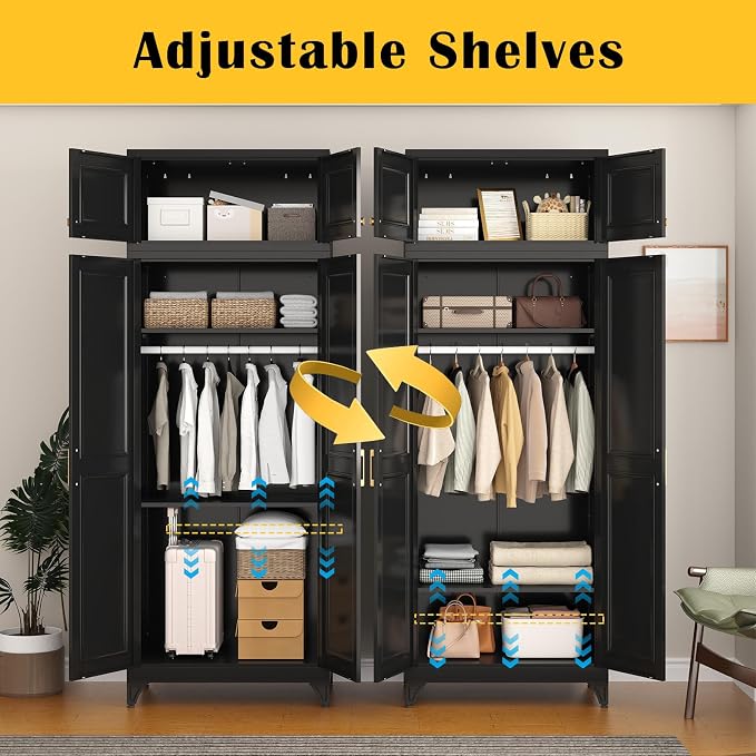 SteeLoong 86" Metal Armoire Wardrobe Closet with Doors,BlackTall Clothing Storage Cabinet with Adjustable Shelves and Hanging Rod,Wardrobe Closet for Bedroom,Home,Office,Gym