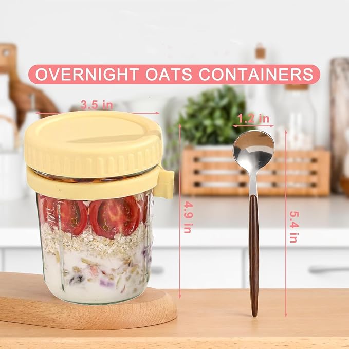 Glass Overnight Oat Containers with Lids & Spoons 10 oz Clear Mason Overnight Oats Jars with Measurement Marks Airtight Leak-Proof Cereal, Milk, Vegetable and fruit Salad Storage Container 2 Packs