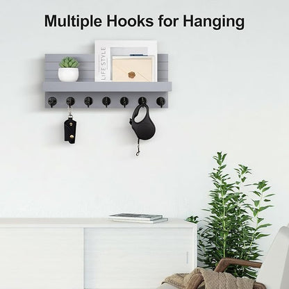 Key Holder Wall Mount, Entryway Key and Mail Holder with 7 Sturdy Hooks for Sunglasses, Dog Leash, Decorative Wall Shelf with Mounting Hardware, 15”W x 6.7”H x 4.2”D (Gray)