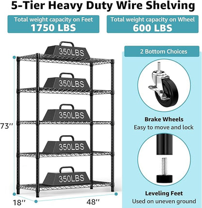 M MZG 5-Shelf Storage Shelves,Wire Shelving Heavy Duty Metal Storage Shelving Unit Adjustable Garage Shelving Rack Pantry Kitchen (Black, 5 Tier,17.7" D x 47.2" W x 76.7" H)