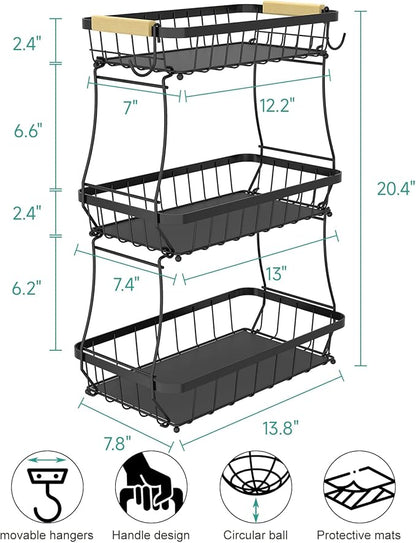 Sevenblue 3 Tier Fruit Basket for Kitchen Counter with 2 Mobile Banana Hangers, 2026 Pro Detachable Metal Fruit Bowl with Wooden Handle, Fruit Holder for Bread Snack Veggies with Protective Mats