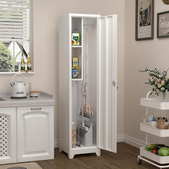 Tall Storage Cabinets,Slim Bathroom Cabinet with Door,Skinny Cabinet with Storage Systems for Laundry,Home Office,White