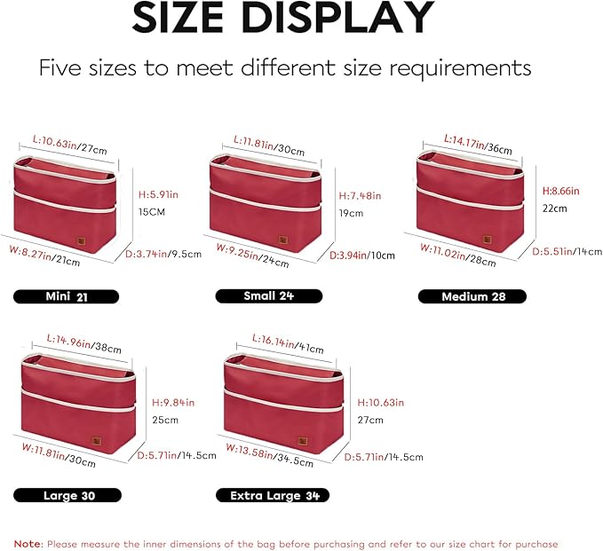 SDANG Purse Organizer Insert with Zipper – Pink Handbag & Tote Bag Organizer | Bag-in-Bag Insert with Pockets for Purses, Totes & Travel(Red,Small 24)