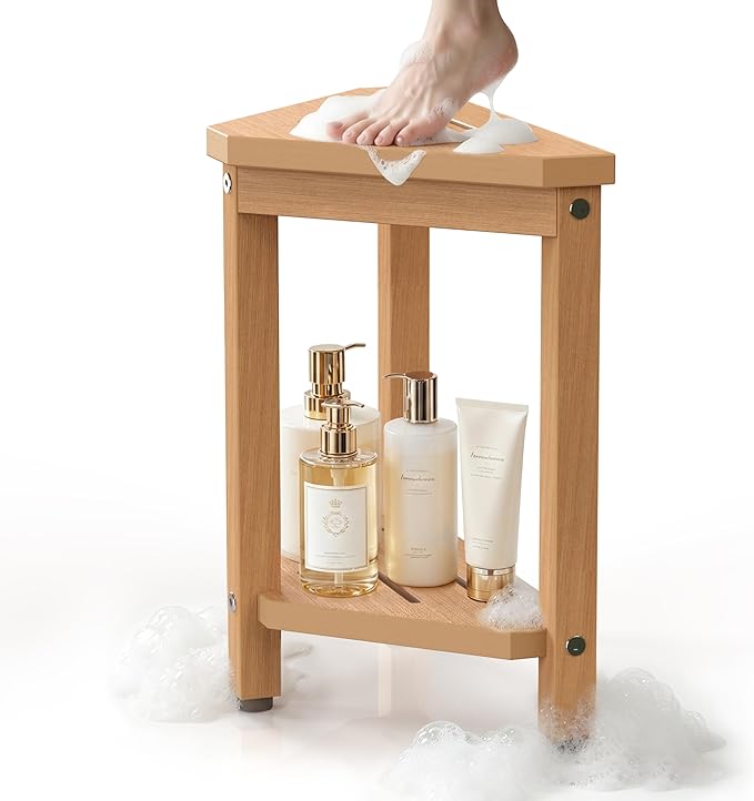 Shower Foot Rest 14in, HDPE Waterproof Shower Stool for Inside Shower, Corner Shower Stool for Shaving Legs with Storage Shelf, Shower Step Stool for Small Space, Plastic Corner Shower Bench, Teak