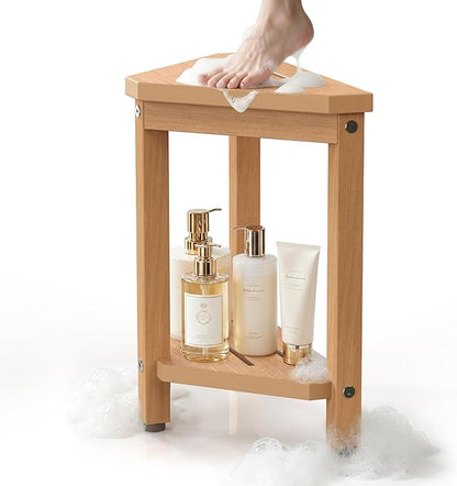 Shower Foot Rest 14in, HDPE Waterproof Shower Stool for Inside Shower, Corner Shower Stool for Shaving Legs with Storage Shelf, Shower Step Stool for Small Space, Plastic Corner Shower Bench, Teak