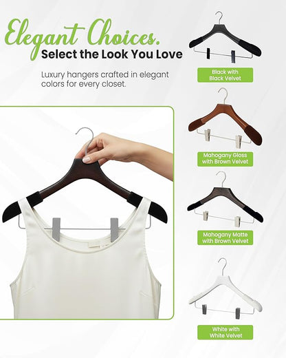 Wooden Hangers with Clips for Women, Solid Wood Skirt & Suit Hangers, Heavy-Duty Adjustable Non-Slip Design with Velvet Grip, Mahogany with Black Velvet, 6 pcs