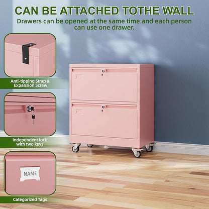 Aobabo 2 Drawer LateralFile Cabinet with Wheels, Lockable Metal Filing Cabinet for Home Office, Legal/Letter Size,Pink,Required Assembled,15.87" D x 28.94" W x 34" H