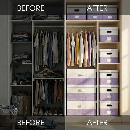 PRANDOM Storage Bins with Lids [3-Pack] Linen Fabric Foldable Storage Boxes Organizer Containers Baskets Cube with Cover for Bedroom Closet Office White&Purple (23.4X15.9X11.4)