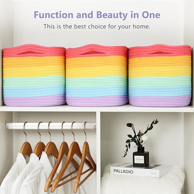 Cotton Rope Storage Basket, 15x10x9 Inches, Woven Basket for Shelves, Clothes, Towels, Books, and Laundry, Rainbow (1 Pack)