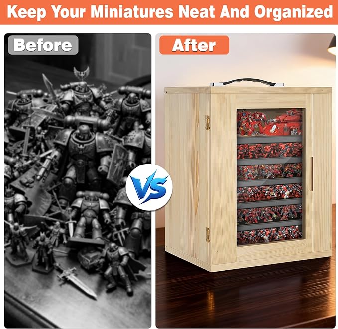 WELIDAY Miniature Storage Case for Collectibles, Miniature Display Cases with Magnetic Door and 6 Trays, Clear View Miniatures Transport Case (Wooden)