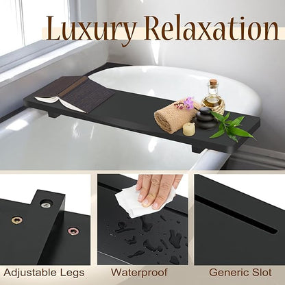 Stylish Black Bamboo Bathtub Tray Caddy with Adjustable Legs, Minimalistic Design Bath Tray for Tub, Bathtub Accessories, Fit Standard and Against Wall Bath Tubs, Gift Idea for Women