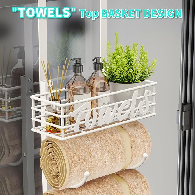 HapiRm Towel Racks for Bathroom Storage - 9 Tier Over The Door & Wall Mount Rolled Towel Storage Organizer Holder with Metal Shelf Basket for Small Bathroom, Camper, Rv - White, Patented