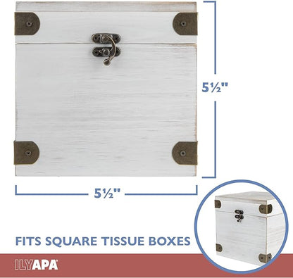 Ilyapa 5 x 6 Rustic Tissue Box Holder - Hinged Lid Tissue Dispenser for Bathroom Living Room Bedroom - White Weathered Wood