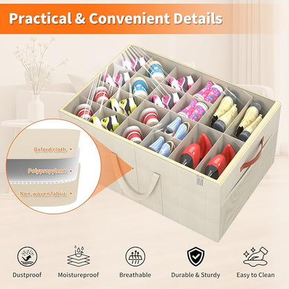 Aokeyee Shoe Organizer for Closet, 2 Pack Large Shoe Storage Box Fits up to 24-48 Pairs, Space Saving Foldable Shoes Organizer Bin w/Clear Cover and 4 Reinforced Handles, Beige