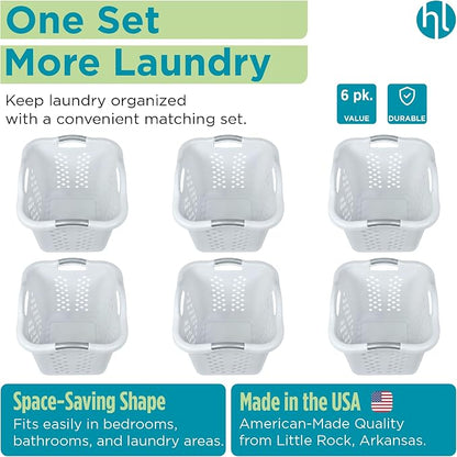 Home Logic 2 Bushel Plastic Laundry Basket Lamper, Large Laundry Hamper with Handles, Ventilated Clothes Organizer for Bedroom Bathroom Closet, 6 Pack, White