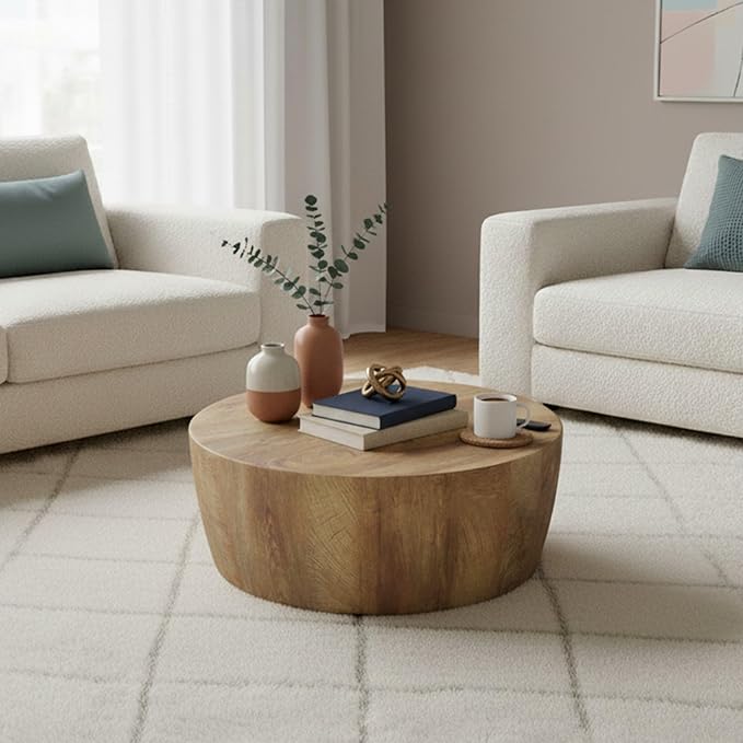 29.5" Round Coffee Table, Convertible Rustic Coffee Table Table with Wooden Veneer, Drum Coffee Table for Living Room, MDF, Already Assembled