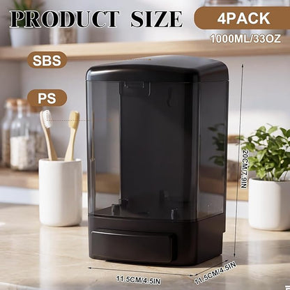 Hushee 4 Pcs Plastic Wall Mounted Soap Dispenser Commercial Manual Soap Containers Wall Dispenser for Kitchen Shower Hotel Liquid Shampoo Gel Chamber (33.8 oz 1000 ml,All Black)