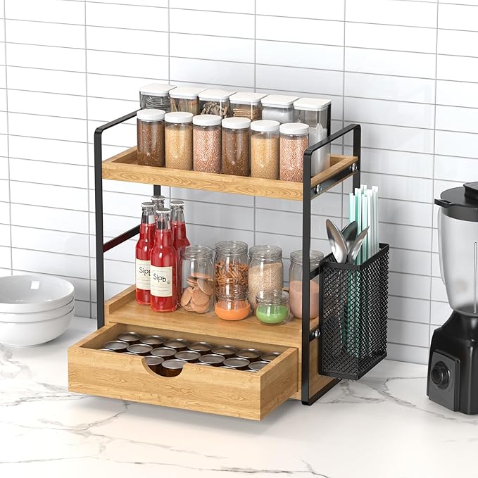 LEMIKKLE Bathroom Counter Organizer with Drawer and Basket,Wood Countertop Organizer for Bathroom Decor Makeup Tray for Perfume Skincare Bedroom Kitchen Corner