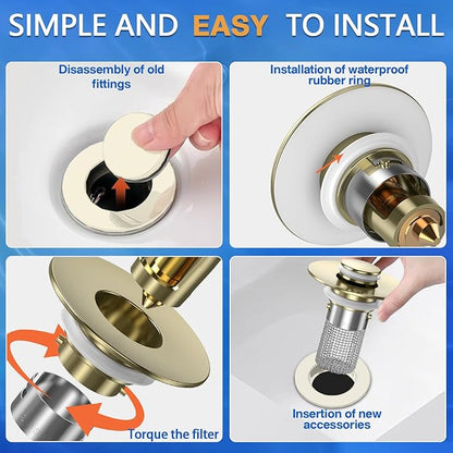 Sink Stopper Hair Catcher, Pop-up Sink Drain Strainer with Removable Stainless Steel Strainer Basket Hair Catcher, Bathroom Sink Strainer for Bathroom Sink Stopper Replacement(Brushed Gold-1PCS)