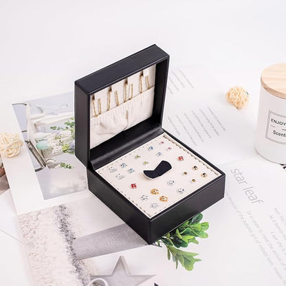 SANQIANWAN Small Travel Jewelry Box Square Jewelry Case Mini Ring Holder for Women Small Storage Box for Necklace with Earring Plates 9 Grids for Rings (Black)