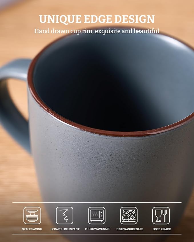 famiware Mercury Coffee Mugs 13 oz, Coffee Mugs Set of 6 with Handle, Cups for Latte, Hot Tea, Cappuccino, Mocha, Cocoa, Charcoal