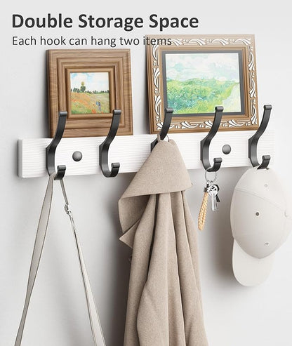 Coat Rack Wall Mount, 16.5 Inches Wood Coat Hooks Wall Mount, Wall Coat Rack with 5 Hooks, Hat Rack Wall Hooks for Hanging Coat, Bag, Towel (2Pack, White)