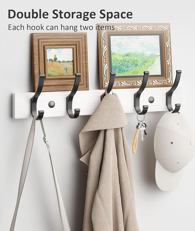 Coat Rack Wall Mount, 16.5 Inches Wood Coat Hooks Wall Mount, Wall Coat Rack with 5 Hooks, Hat Rack Wall Hooks for Hanging Coat, Bag, Towel (1Pack, White)