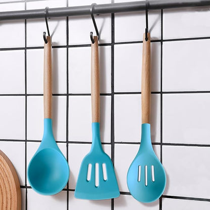 IOCBYHZ Kitchen Utensils Set 6-Piece Non-Stick Silicone Cooking Utensils Set, Wood Handle Heat Resistant Spatula Spoon Turner Ladle Pasta Server Cooking Kitchen Gadgets BPA Free for Nonstick Cookware