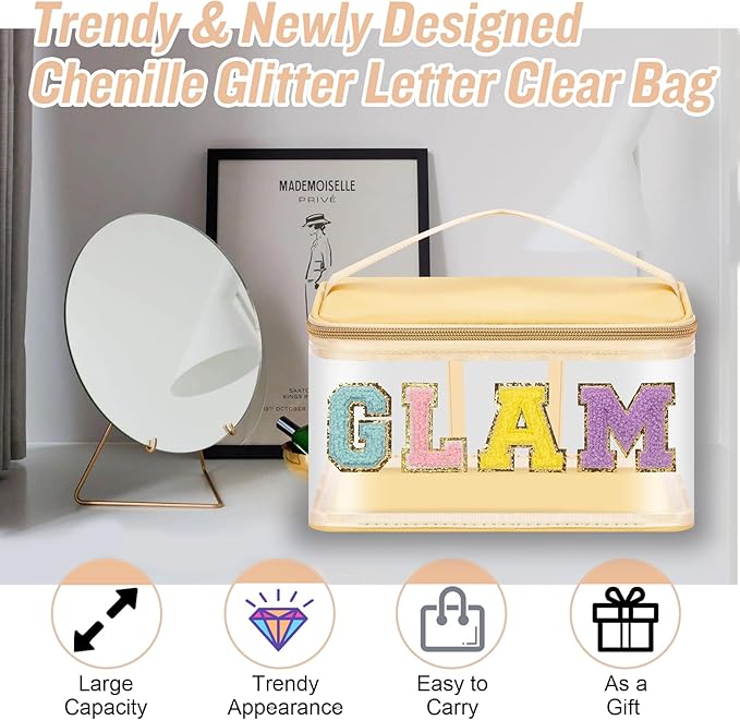 Chenille Letter Clear Makeup Bags Glam Pouch, Preppy Patch Makeup Bag Zipper with Handle, Transparent PVC & Nylon Waterproof Glitter Cosmetic Handbag Travel Toiletry Storage for Women Girl(GLAM-Beige)