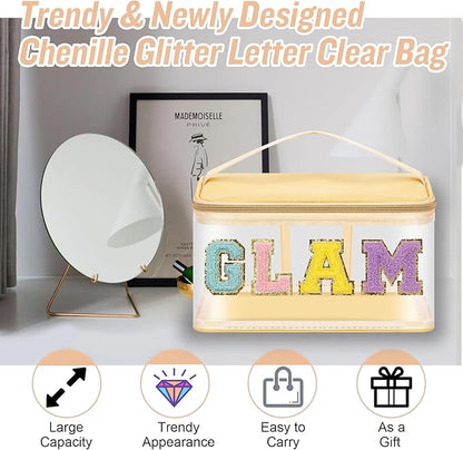 Chenille Letter Clear Makeup Bags Glam Pouch, Preppy Patch Makeup Bag Zipper with Handle, Transparent PVC & Nylon Waterproof Glitter Cosmetic Handbag Travel Toiletry Storage for Women Girl(GLAM-Beige)
