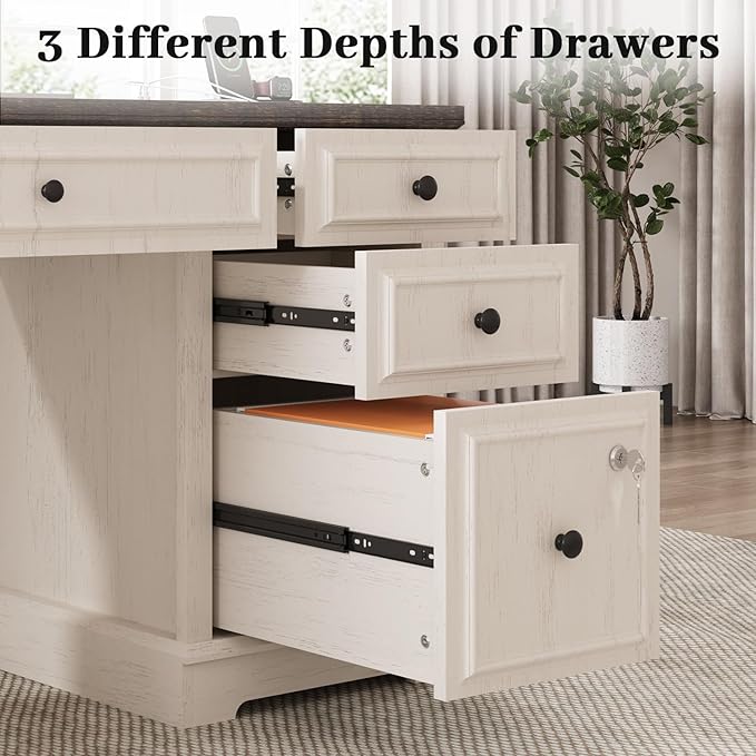 Vipbear 59" Executive Desk, Farmhouse Computer Desk with Drawers, Lockable File Drawer, Storage Cabinet & Power Outlet, Rustic Home Office Desks, Workspace for Work Study Writing, White