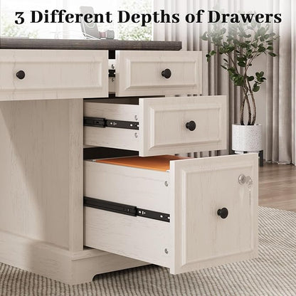 Vipbear 59" Executive Desk, Farmhouse Computer Desk with Drawers, Lockable File Drawer, Storage Cabinet & Power Outlet, Rustic Home Office Desks, Workspace for Work Study Writing, White