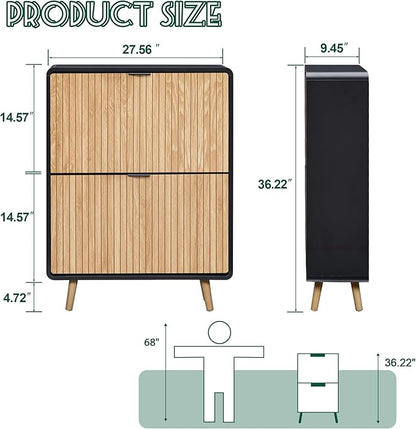 Narrow Shoe Cabinet Storage for Entryway,Slim Shoe Cabinet with 2 Flip Drawers, Fluted Shoes Rack Organizer (Natural with Black, 2 Drawers)