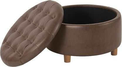 Homepop Home Decor | Button Round Storage Ottoman | Ottoman with Storage for Living Room & Bedroom, Brown Faux Leather