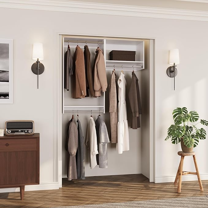 ROOMTEC Modular Closet System, 46" Wall-Mounted Closet Organizer with Hanging Rods, Wooden Tower for Walk-In Closets, Wardrobe Storage Kit, White