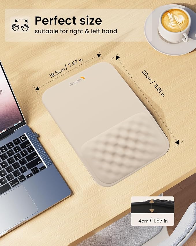ProtoArc MP50 Ergonomic Mouse Pad with Wrist Rest, MP50 Mousepad with Massage Design, Soft Memory Foam and Non-Slip PU Base for Pain Relief, Desk, Home, Office, 12x8 Inches, Beige (Mouse Not Included)