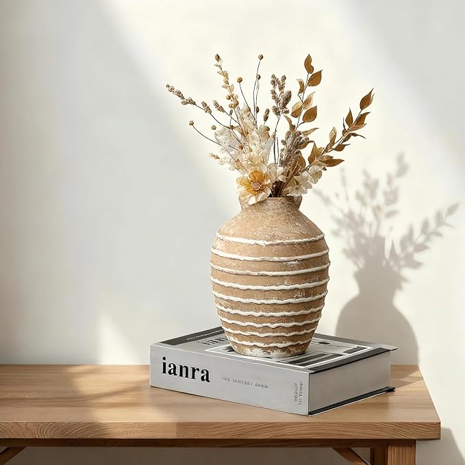 NEBRYX Ceramic Flower Vase, 6.7 inch Farmhouse Rustic Vintage Vases for Home Decor Table Living Room Entryway Book Shelf Fireplace Centerpiece (Rust)