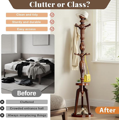Coat Rack with 8 Hooks, Hall Tree Freestanding with Shelf, Wood Coat Tree Heavy Duty with Round Base, Standing Coat Rack, Load Capacity 220 lb, Coat Hanger Stand for Entryway Hallway Office, Black
