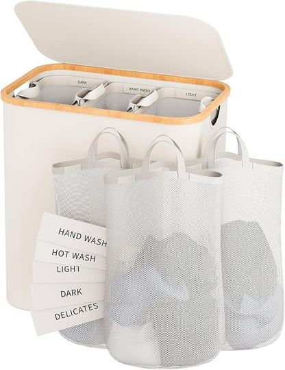 Laundry Hamper with Lid, 160L Dirty Clothes Hamper for Laundry Basket 3 Section, Extra Large Laundry Sorter Hamper 3 Compartment with Removable Inner Bags & Labels, Beige