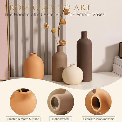 Ceramic Vase Set of 4 - Handcrafted Ceramic Vases for Home Decor & Shelf - Modern Farmhouse Decor for Kitchen, Office, Bedroom & Living Room Decorative Objects for Mantel, Table Centerpieces