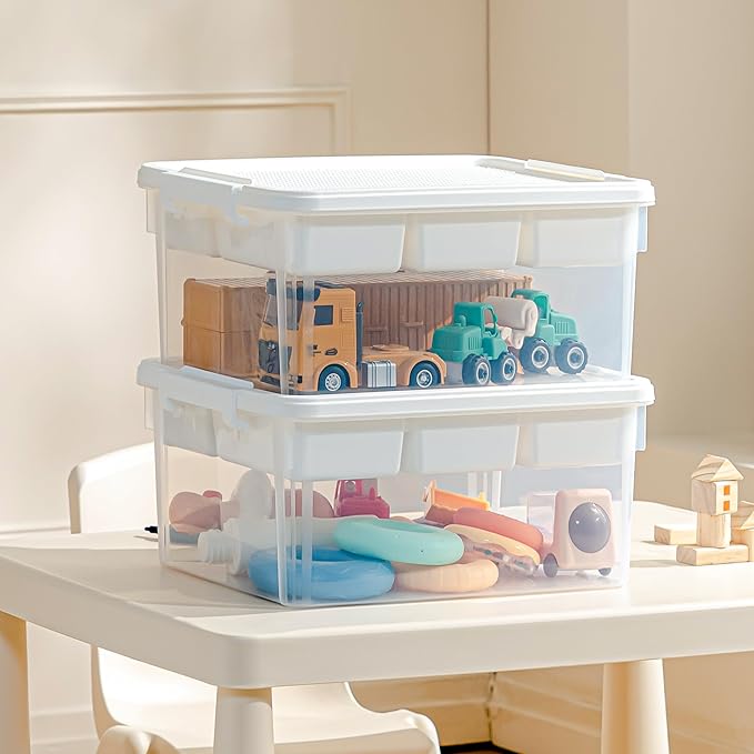 Citylife 17 QT Storage Box with Building Baseplate Lid and Removable Tray Office Organization Kitchen Organization Toy Storage Bead, Tool, Sewing, 2 Packs