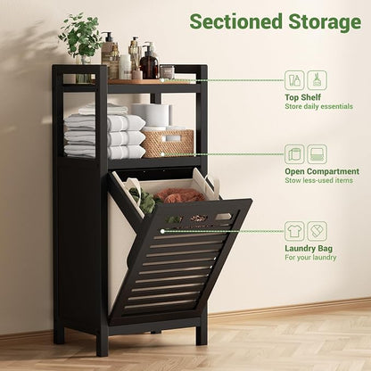 Homykic Tilt Out Laundry Hamper, 10 Gal Bamboo Laundry Storage Cabinet with Removable Basket, Hidden Hamper Organizer with Shelf for Dirty Clothes, Bathroom, Laundry Room, Space Saving, Black