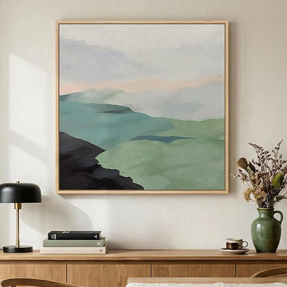 Framed Green Abstract Wall Art, Modern Mountain Canvas Prints Paintings Artwork for Walls, Square Minimalist Green and Grey Landscape Pictures for Living Room Dining Bedroom Office Wall Decor 24x24 In