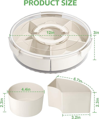 Divided Rotating Serving Tray with Lid and Handle, Portable Snackle Box for Fruits Snacks Veggie Charcuterie, Clear Lazy Susan Organizer and Fridge Storage Container for Adults Child (2PCS,12" L
